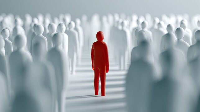 A lone red figure stands out amidst a crowd of muted, white silhouettes