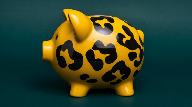 A glossy yellow piggy bank adorned with black leopard-print spots stands in profile against a solid dark teal background.