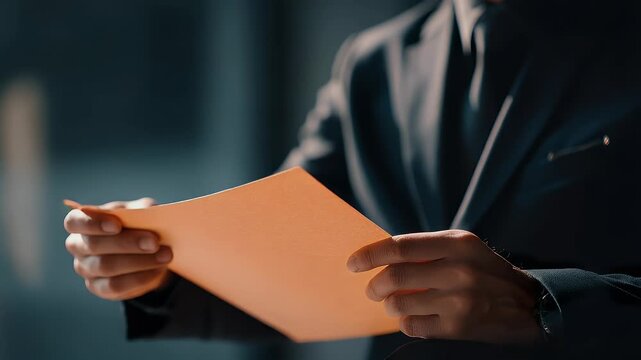 Person examining orange document in office