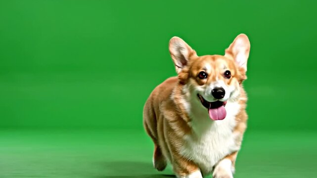 A happy corgi dog runs towards the camera on a green screen background