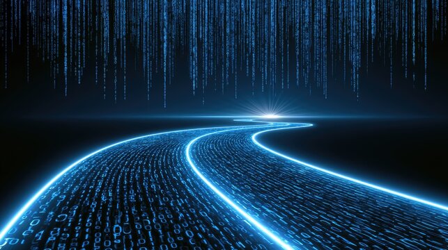 A glowing digital highway curves into a luminous horizon under falling data streams