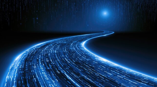 A glowing blue digital road made of binary code streams into a bright light