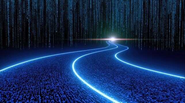 A glowing blue road curves into a digital world with falling data streams