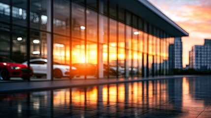 Obraz premium Cars displayed in a modern showroom with sunset reflections on wet floor