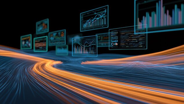 Digital data streams flow through holographic screens displaying charts