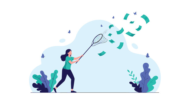 Young woman running through a field with a butterfly net to catch flying money banknotes representing financial goals and wealth chasing.