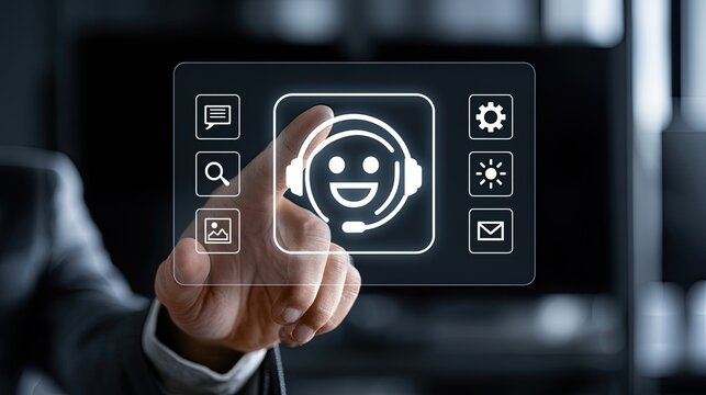 Finger interacts with a virtual interface displaying a friendly robot face and service icons