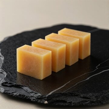 A few slices of imo yokan on black stone