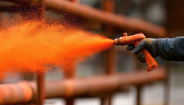 Bright orange powder sprays from a gun, coating industrial pipes