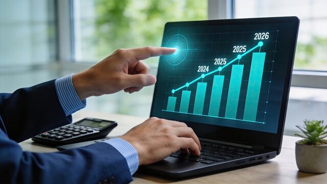 Business analyst analyzing digital bar chart and growth trend on laptop screen, pointing at data visualization for strategic planning and financial forecasting in modern corporate