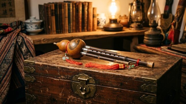 Traditional Chinese Sheng Wind Instrument on Antique Chest
