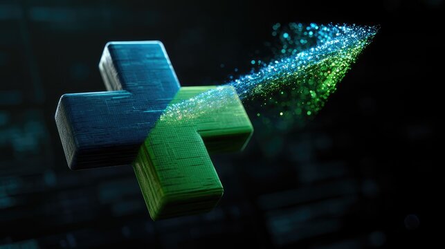 A textured plus symbol explodes into glowing green and blue particles on dark background