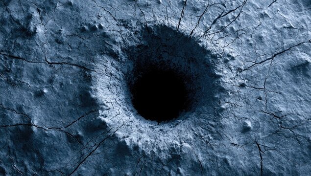 Textured, cracked surface with a deep, dark circular void