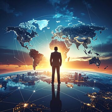 A silhouette of a man looks out over a futuristic cityscape