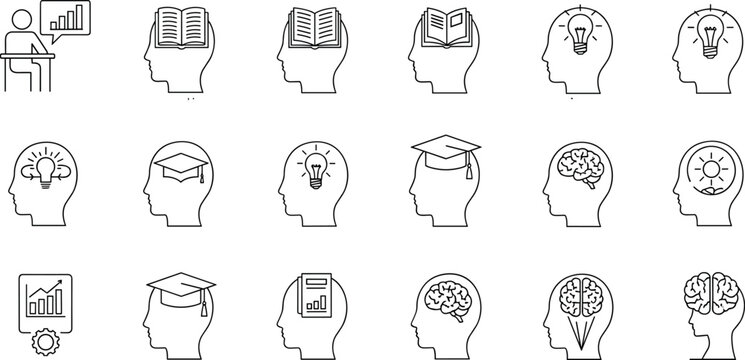 Education and human brain intellect line icon set featuring graduation caps, learning books, creative lightbulbs, critical thinking profiles, and memory training symbols.