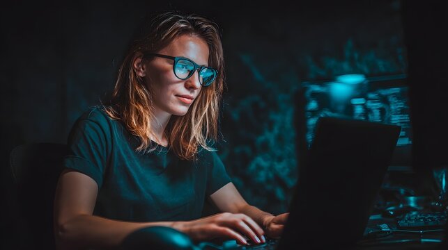 on encrypted laptop screen filled with abstract data patterns in dark modern office