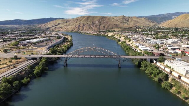 Pullback Drone View of Senator George Sellar Bridge and Columbia River | Wenatchee, Washington