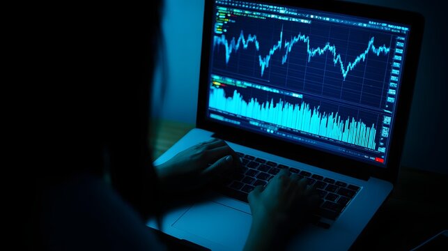 on encrypted laptop screen filled with abstract data patterns in dark modern office