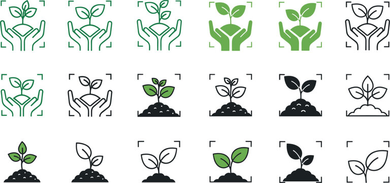 Ecology and sustainable agriculture vector icon set with hands holding plant sprouts leaves growing in soil for environmental green care concepts