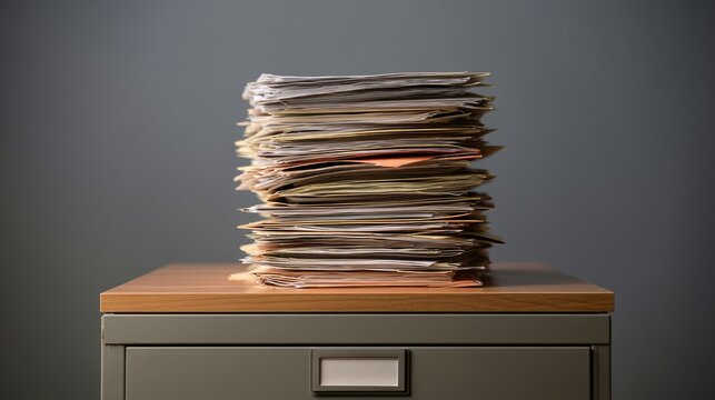 Tall stack of papers piled high on a metal filing cabinet