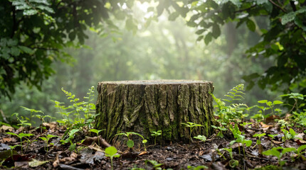 Fototapeta premium Empty tree stump podium mockup in bright green forest with sun rays, natural wood log pedestal display stage background with ferns for organic cosmetic product showcase template