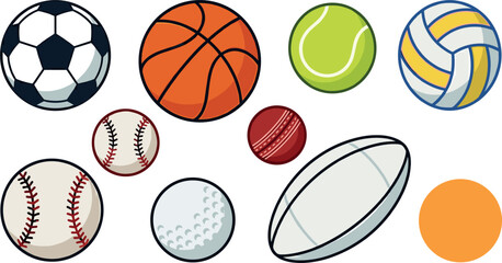 Obraz premium Sports Equipment Ball Icon Set Featuring Soccer Basketball Tennis Volleyball Baseball Cricket Golf Rugby and Ping Pong Vector Illustration