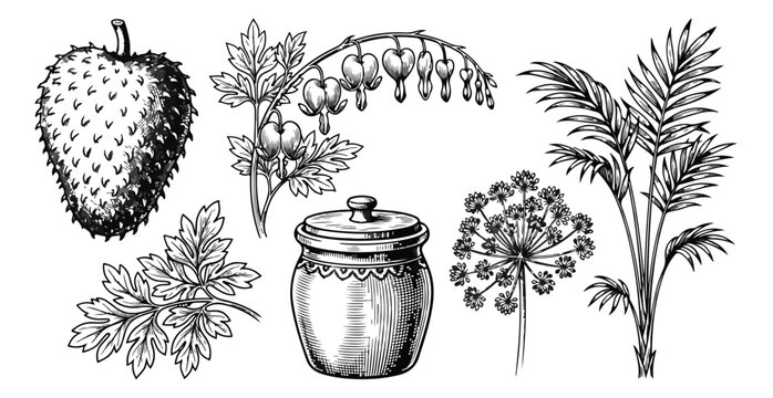 Vintage botanical illustrations set, hand drawn black and white soursop fruit and bleeding heart flowers, antique garden plant sketches and ceramic jar vector