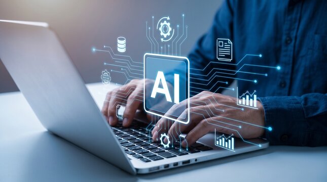 Business professional working on laptop with AI technology, artificial intelligence interface, futuristic workspace, innovation concept