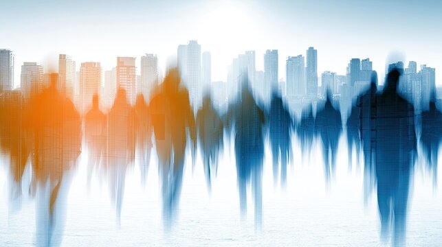 Motion blur of diverse figures against a hazy cityscape backdrop