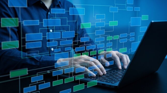 Man typing on laptop with code interface, software development concept, programming background, technology workflow