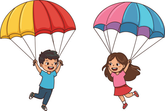 Cartoon children parachuting, kids skydiving illustration, colorful parachutes, playful adventure, outdoor fun, happy descent, recreational flight, joyful airborne moment