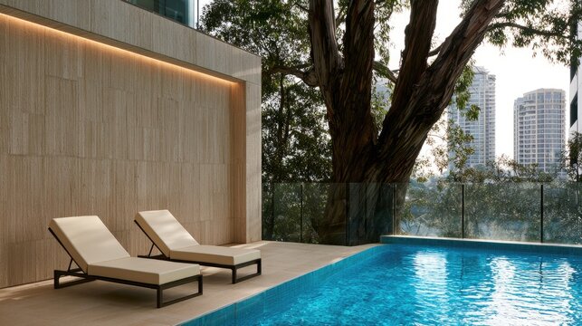 Two modern loungers flank a serene pool next to a textured wall