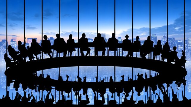 gathered around round table plotting secret expansion strategy in night office