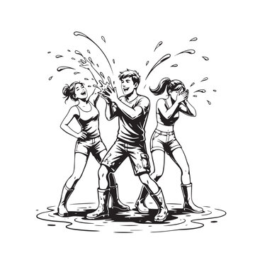 South Korea Boryeong Mud Festival July Mud Play Activity Bold Silhouette Line Art Vector Illustration
