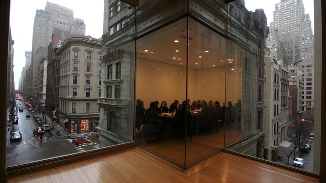 meeting in spotless conference room with glass walls and soft natural lighting