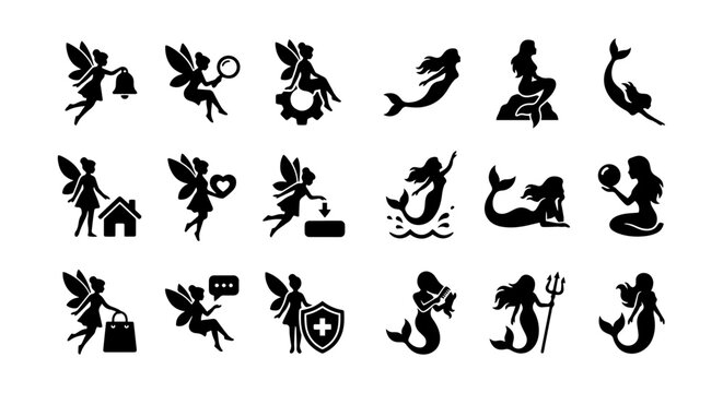 Magical Fairy and Mermaid Icons Set, Fantasy Creature Silhouettes for Enchanted Designs