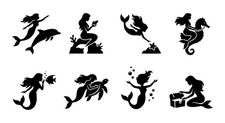 Obraz premium Mermaid icon set silhouette, white background