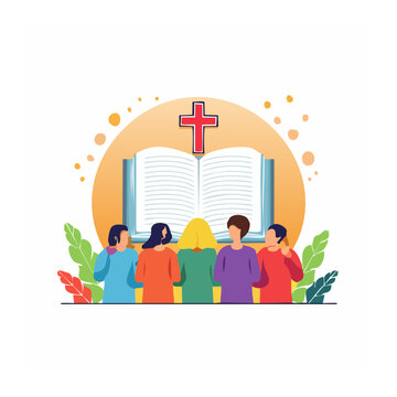 People gathered for bible study with cross and open book