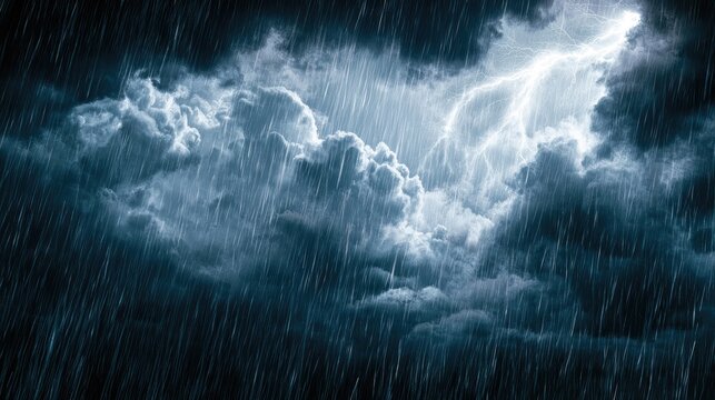 A fierce lightning strike illuminates dark, stormy clouds with heavy rainfall