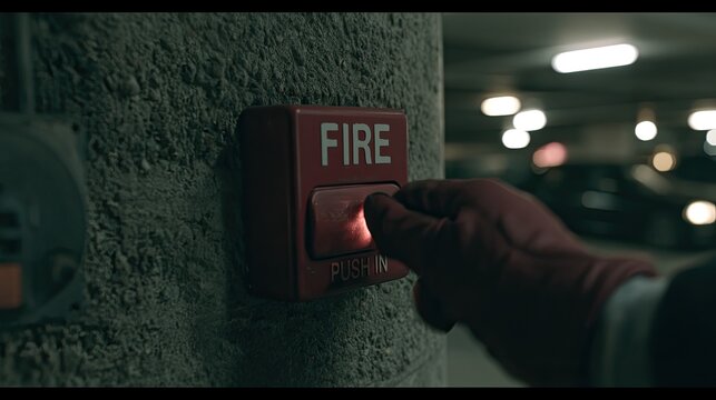 Gloved hand pushes red emergency fire alarm button