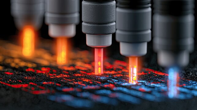 Close-up of a row of injectors spraying glowing orange and blue streams onto a dark surface