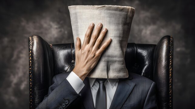 of anonymous business leader sitting in dark leather chair half face in shadow