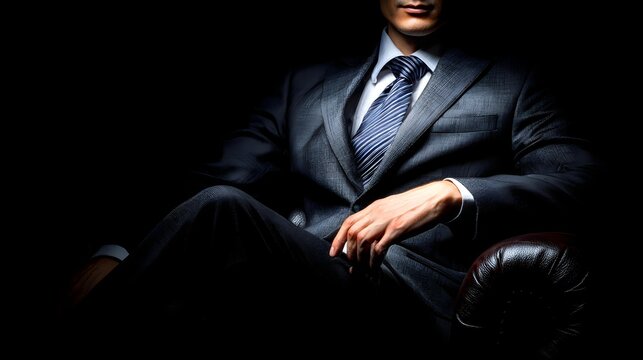 of anonymous business leader sitting in dark leather chair half face in shadow