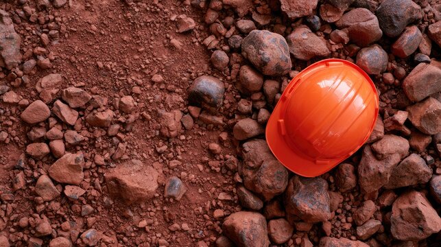 Orange safety helmet rests on rough, reddish-brown, rocky terrain