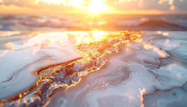 Sunset over frozen lake surface cracks.