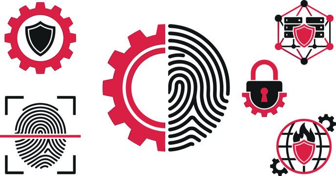 Biometric fingerprint scanning and cyber security infrastructure icons set for network data protection systems