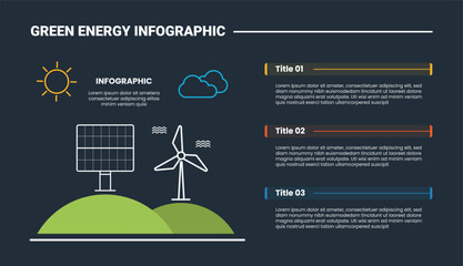 Green energy infographic process diagram with green top mountain with solar panel and propeller with dark background bright outline style 3 points © fatmawati