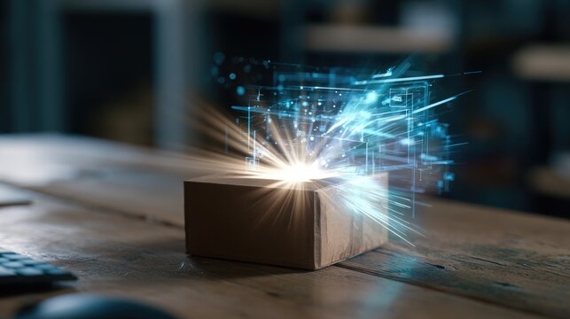 Cardboard box opens releasing bright futuristic light and energy