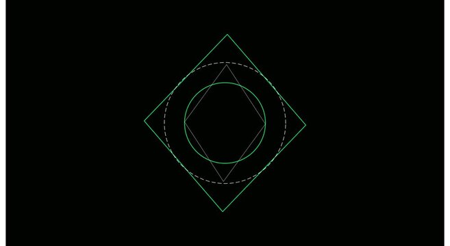 Geometric abstract animation with rotating squares and circles on animation black background