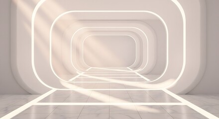 Fototapeta premium Futuristic white corridor with glowing light arches and marble floor